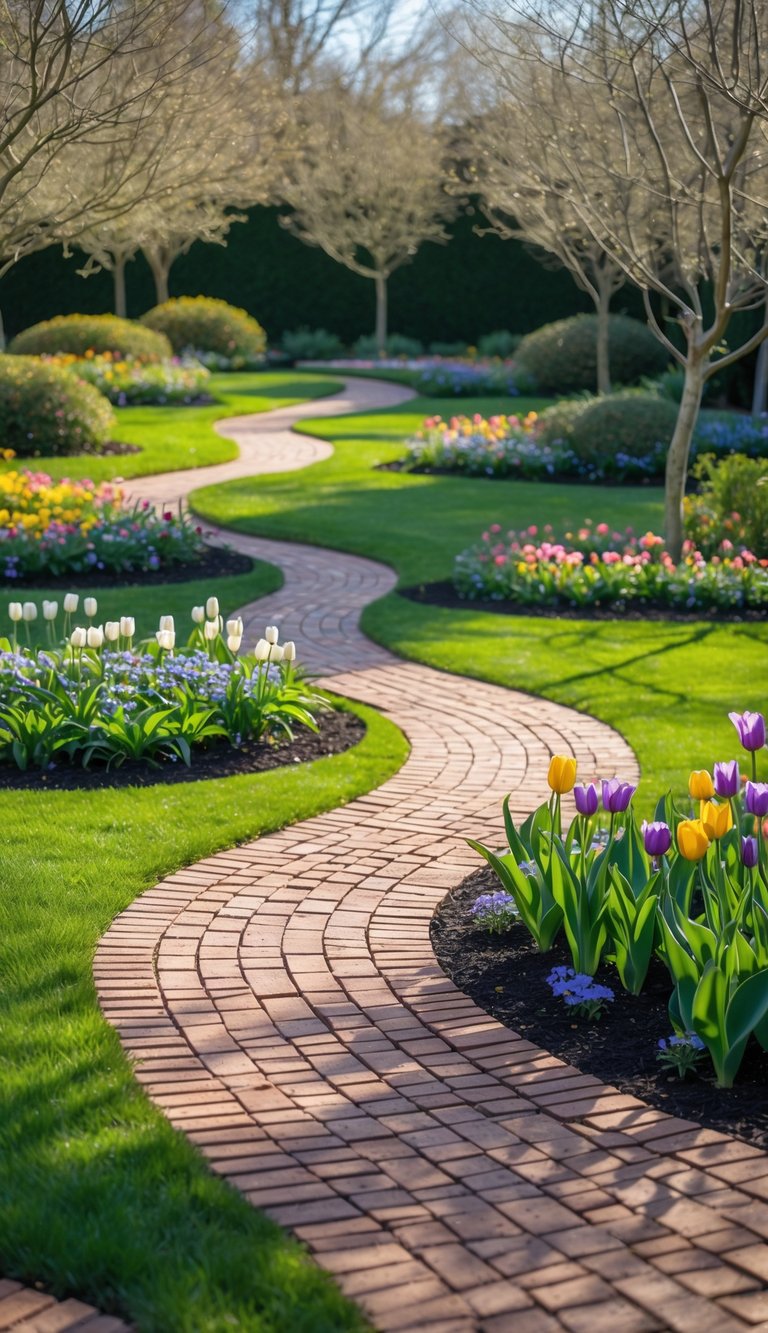 Curved brick walkways winding through a green garden with colorful flowers and shrubs.